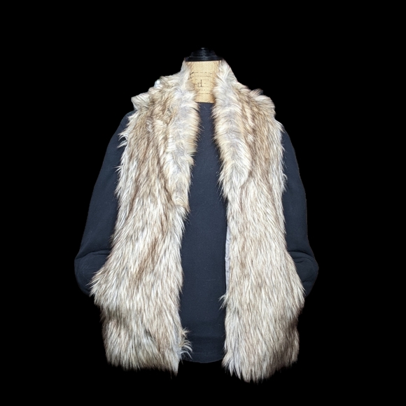 Faux Fur Vest S/M Cream Brown Gray Open Cardigan Pockets Fall Winter Layering - Picture 12 of 12